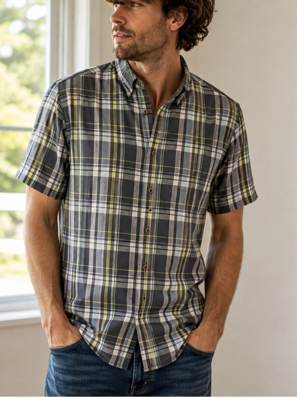 Tailor Vintage Plaid Short Sleeve Collar Shirt Size M